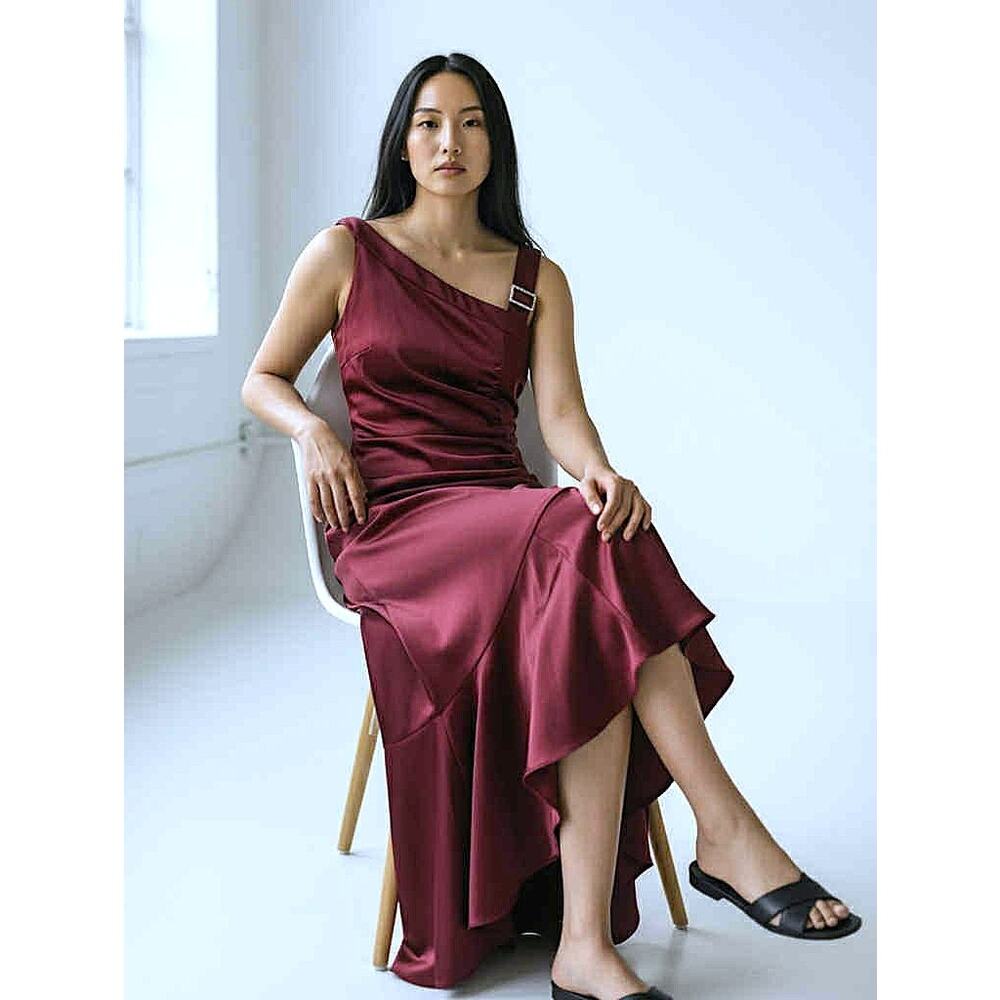 Vtg Blondie Nites Linda Bernell Burgundy Satin Evening Dress Rhinestone Strap XS